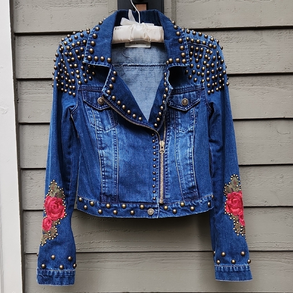 Studded Blue Denim Jacket with Floral Accents